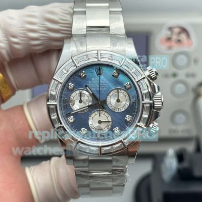 PPM Super Clone Rolex Daytona Blue MOP Dial 904L Baguette Diamonds Watch 